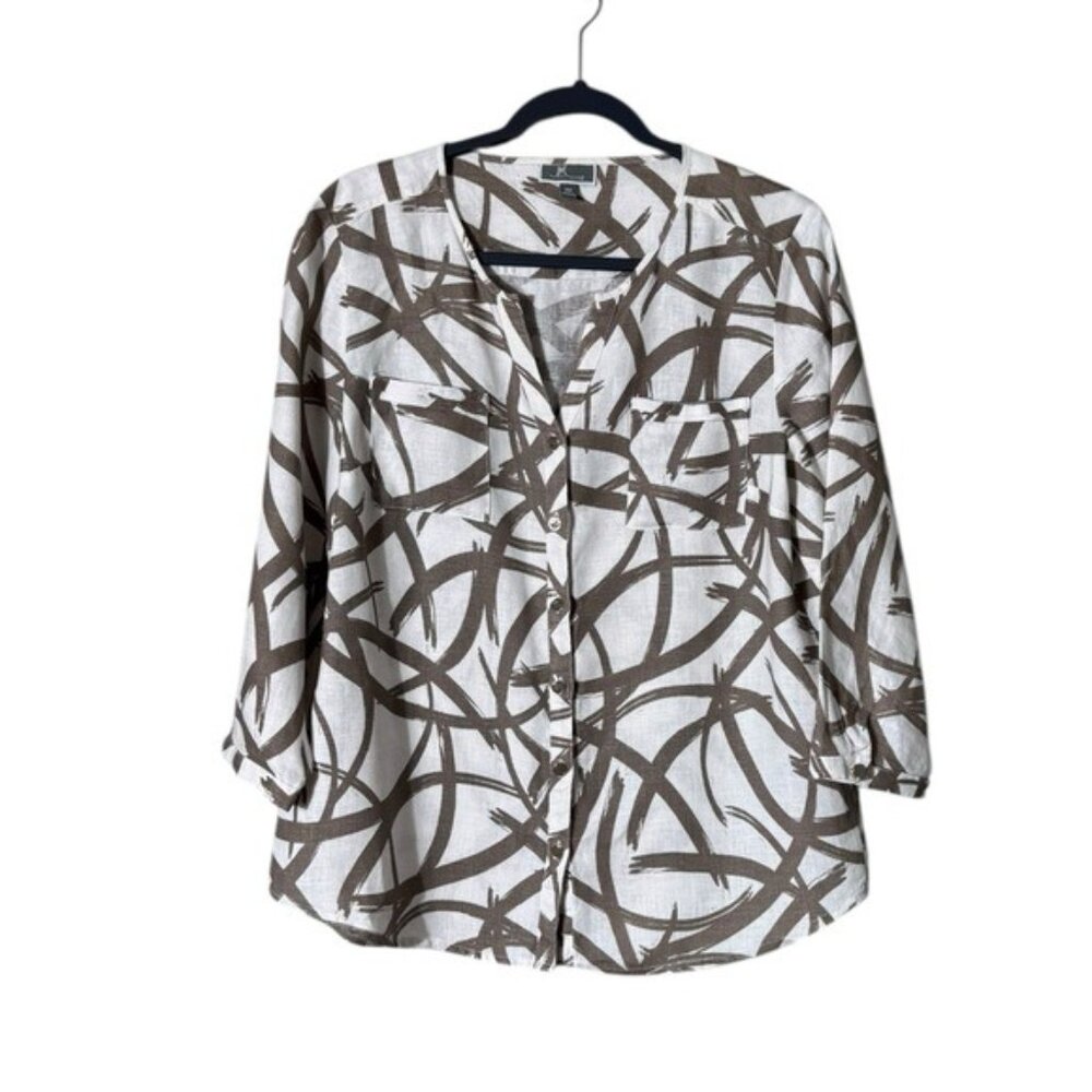 Womens Linen Button Up Top Blouse Size 14P‎ Beachy Coastal Lagom Artsy Abstract
